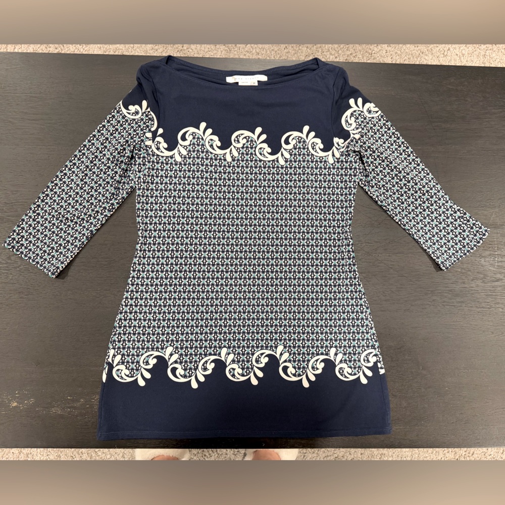 Max Studio Women’s 3/4 Sleeve Top - Navy Gray and Cream - Size Medium